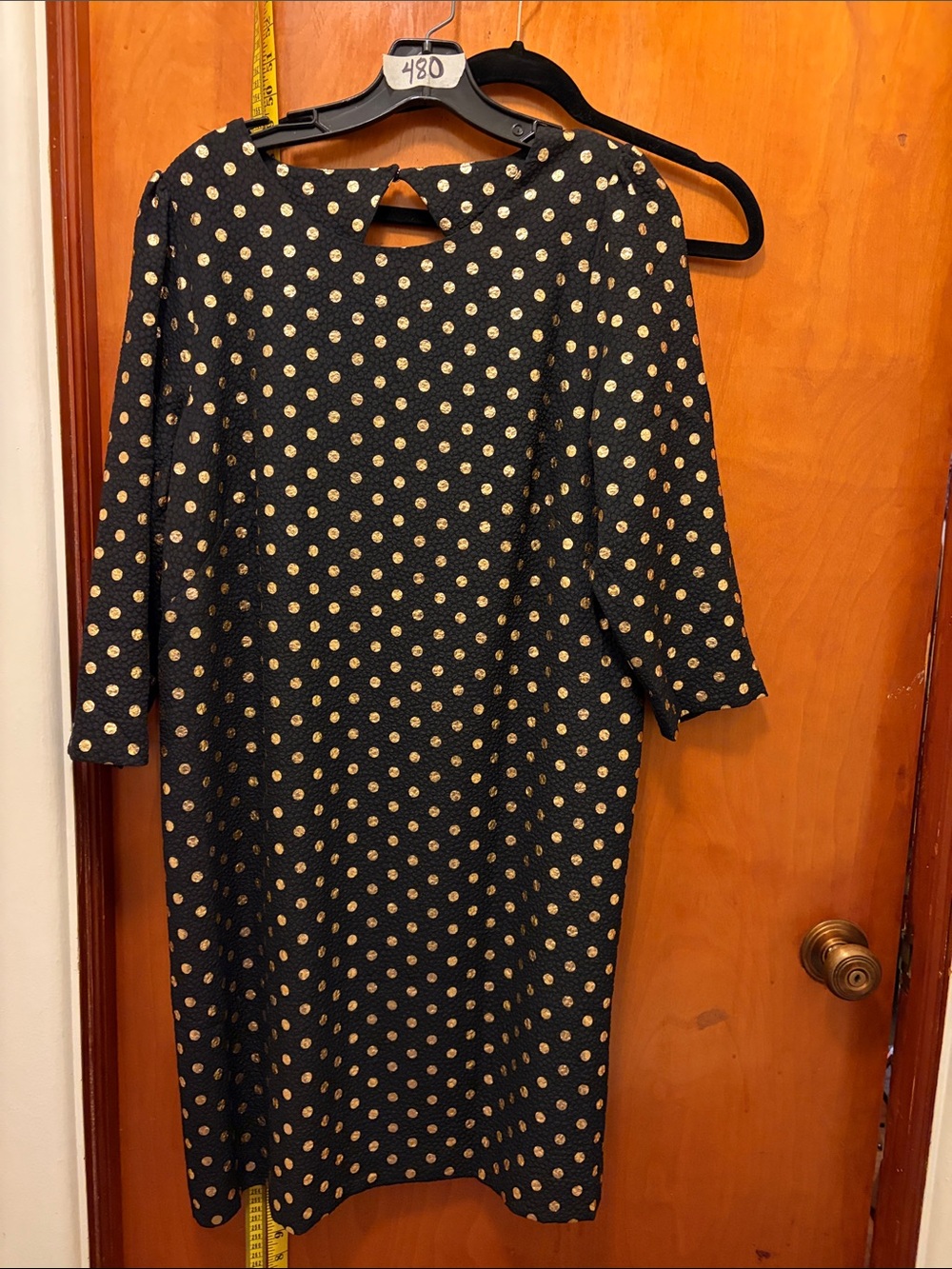 Talbots Black Long-Sleeve Shift Dress with Gold Polka Dots